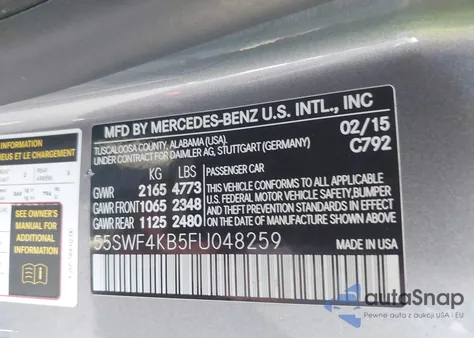 2015 Mercedes-Benz C 300 4Matic from USA, damaged, VIN 55SWF4KB5FU048259